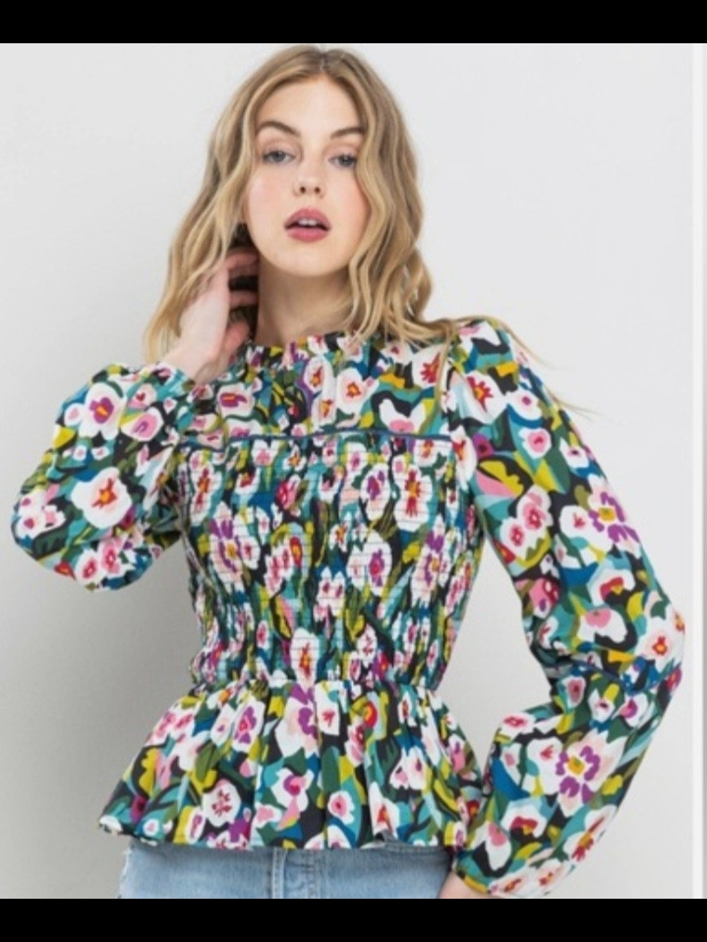 TCEC Floral Smocked Peplum Long-Sleeve Dress Top - Green Multi